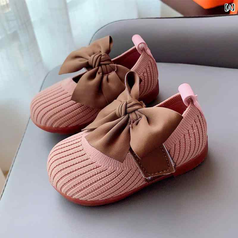 シューズ 子供靴 春秋 女の子 靴下 ニット ボウ スクエア リトル プリンセス ベビー ソフト ソール 幼児 シングル