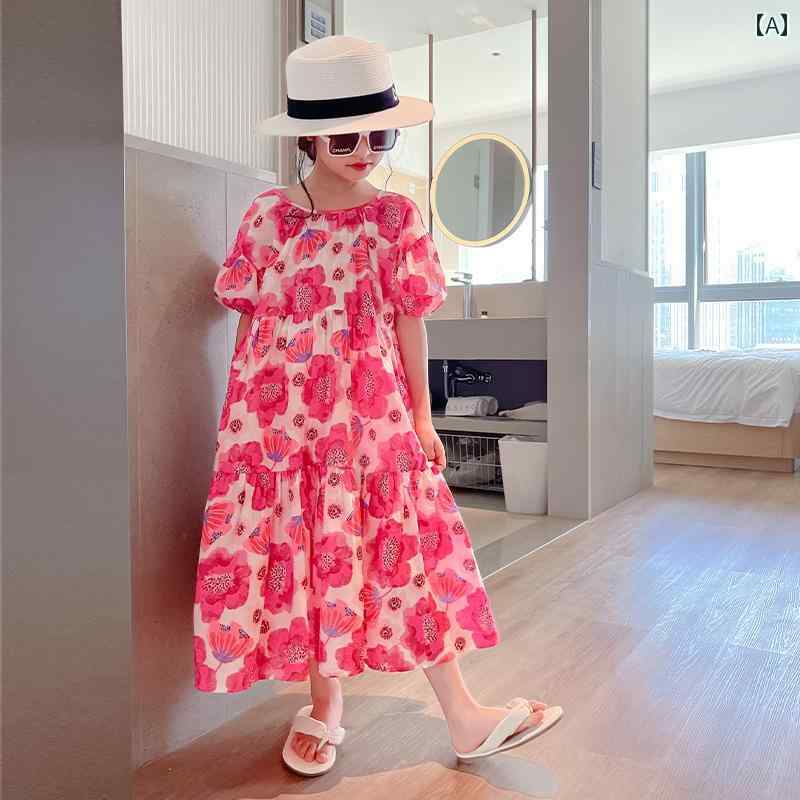 夏 ワンピース かわいい 女の子 ガールズ ドレス 薄手 韓国 中大 子供 花 休日 プリンセス ロング