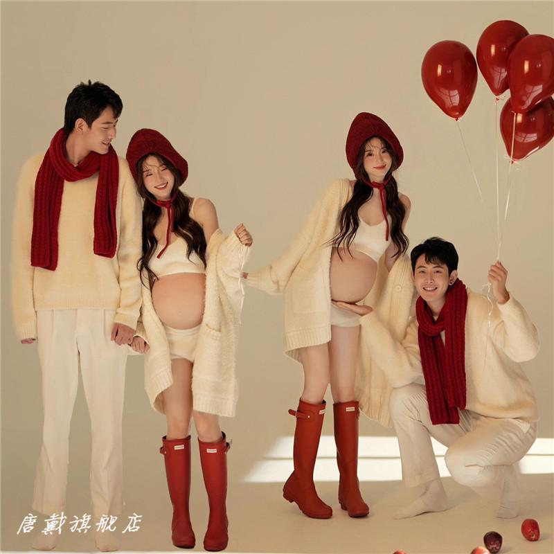 マタニティ おしゃれ ファッション 思い出 記念 写真 スタジオ カップル 暖かい 家 セーター 妊娠 ママ 撮影 フリーサイズ メンズ レディース セット