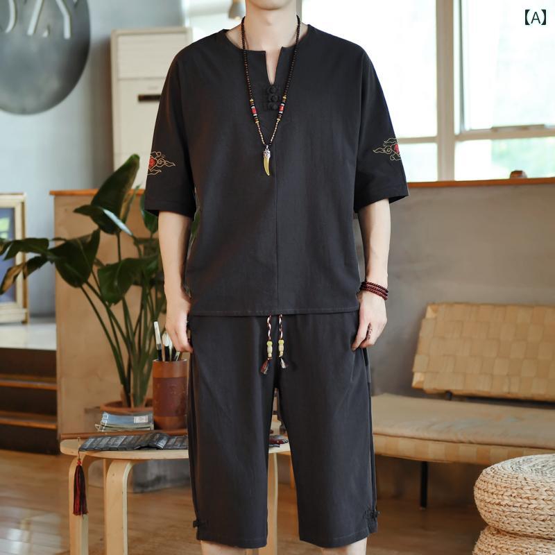 Other - メンズ 夏 修行服 カンフー 太極拳 リネン スーツ 半袖 T シャツ 薄手 綿 中華風 大きいサイズ 唐 刺繍 瞑想
