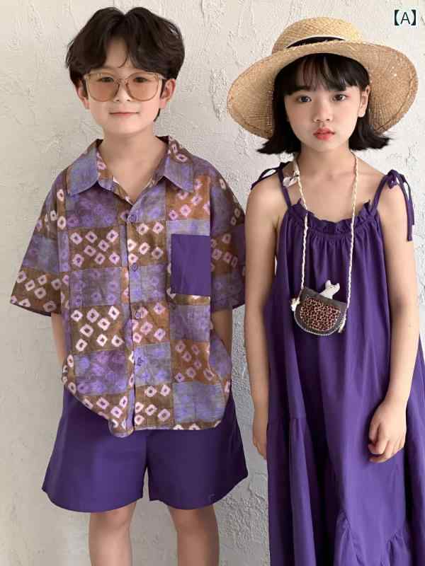 ドレス 子供服 男の子 女の子用 スーツ 夏 半袖 レトロ プリント ビーチ バケーション ベビー ストリート 兄弟 姉妹 衣装
