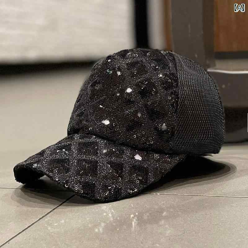 レディース 夏 ベースボール キャップ キラキラ かわいい アウトドア サマーフェス 音楽祭 韓国 スパンコール チェック柄 メッシュ 通気性 アヒル 帽子 女...