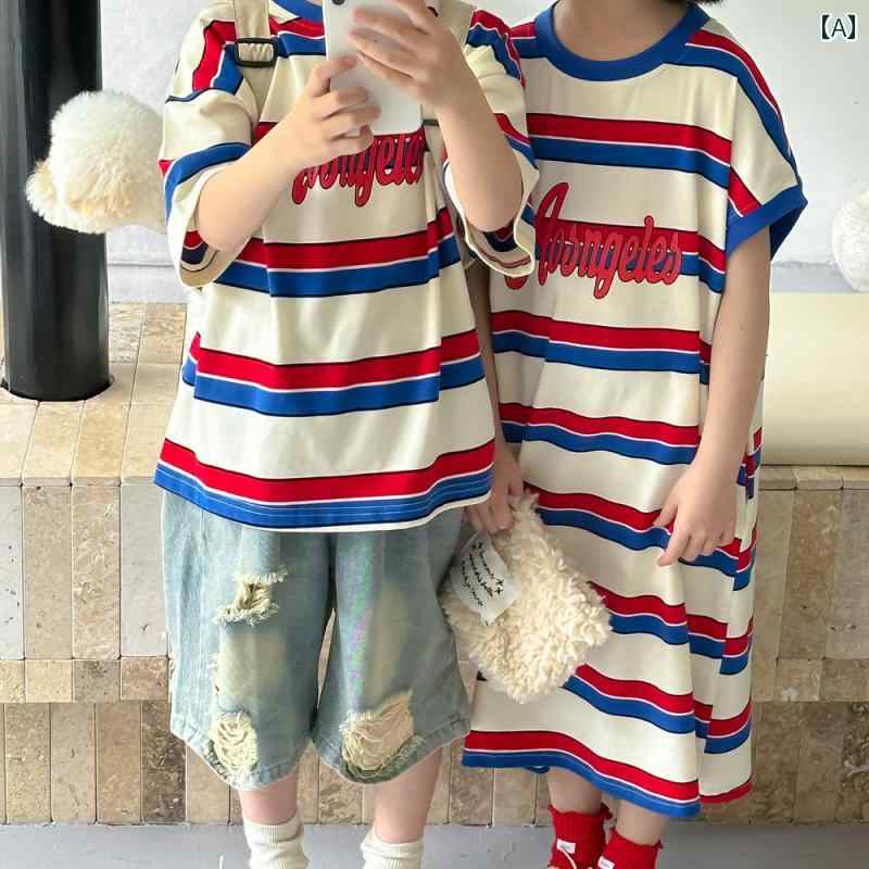 トップス 子供服 かわいい 兄弟 姉妹 衣装 男の子 女の子 子供用 半袖 Tシャツ カラフル ストライプ ミドル丈 ワンピース 夏 ベビー