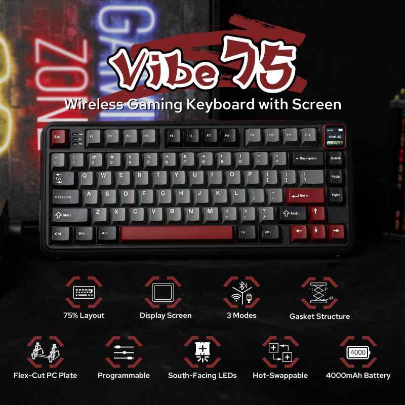 MechLands Vibe75 75%ワイヤレスゲーミングキーボード 交換可能スクリーンモジュール搭載 ホットスワップ対応 クリーミーメカニカルキーボード ガスケット構造 BT5.0/2.4GHz/USB-C 3モード接続 5層パ