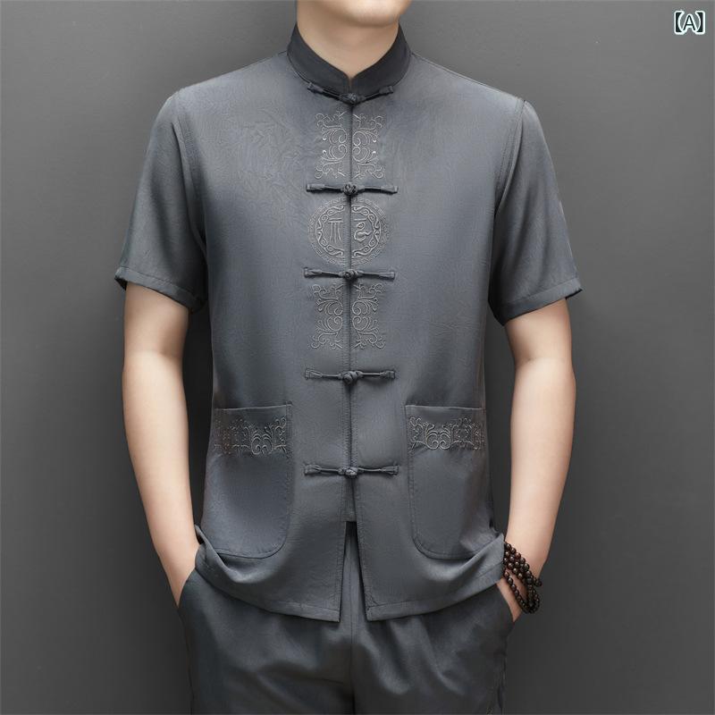 シャツ メンズ 半袖 唐装 チャイナ服 立ち襟 スタンドカラー レトロ ゆったり 通気性 中華風 春夏 カジュアル お父さん シニア 紳士服 secure-depo-11694976 セキュアデポ パッケージ画像