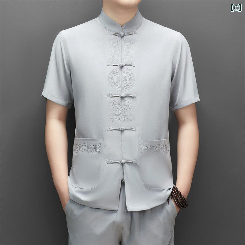 シャツ メンズ 半袖 唐装 チャイナ服 立ち襟 スタンドカラー レトロ ゆったり 通気性 中華風 春夏 カジュアル お父さん シニア 紳士服 secure-depo-11694976 セキュアデポ サンプル画像3