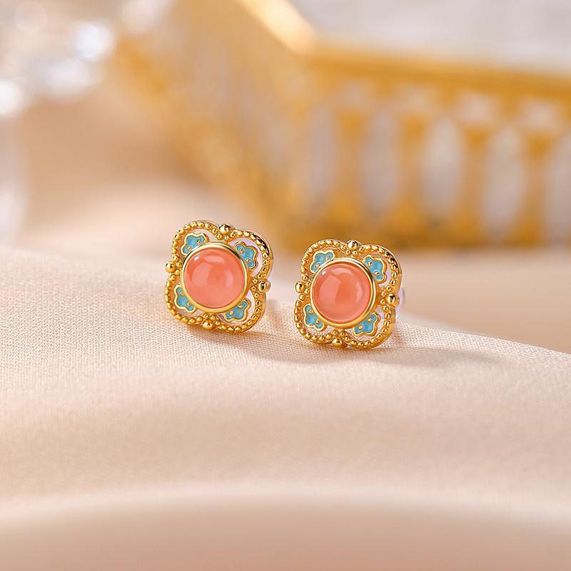 ピアス レディース シルバー925 天然 水紅 金メッキ スタッドピアス 象嵌加工 如意モチーフ フラワーデザイン 丸玉 レトロ エスニック クラシカル ファッションアクセサリー カジュアル おしゃれ 普段使い お出かけ