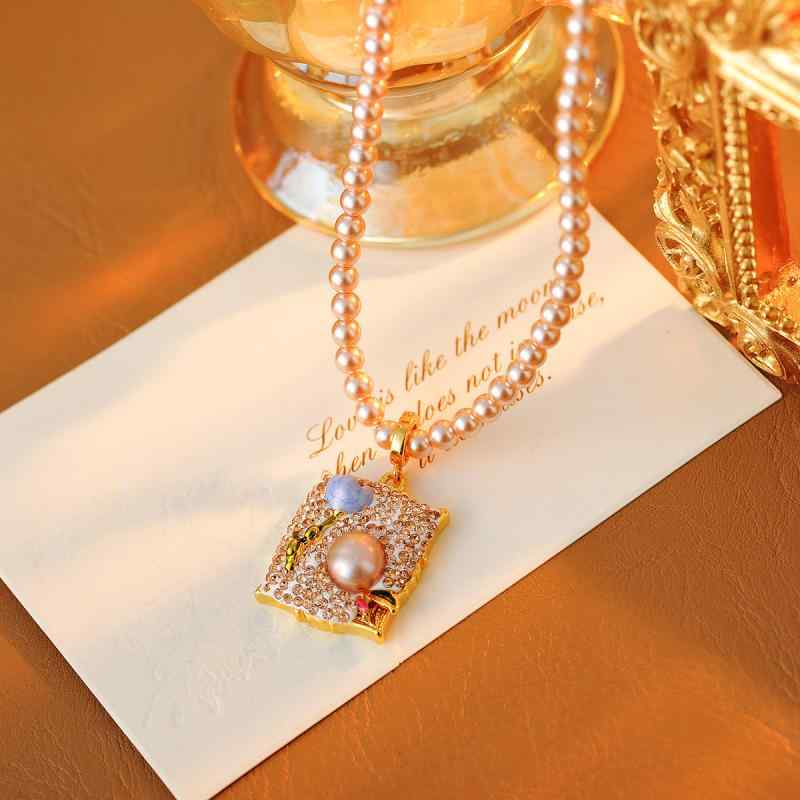 琥珀（Amber） - ネックレス レディース バロック パール パール フレンチ レトロ アンティーク 花モチーフ 油絵風 ライトラグジュアリー 個性的 銅合金製 電気メッキ加工