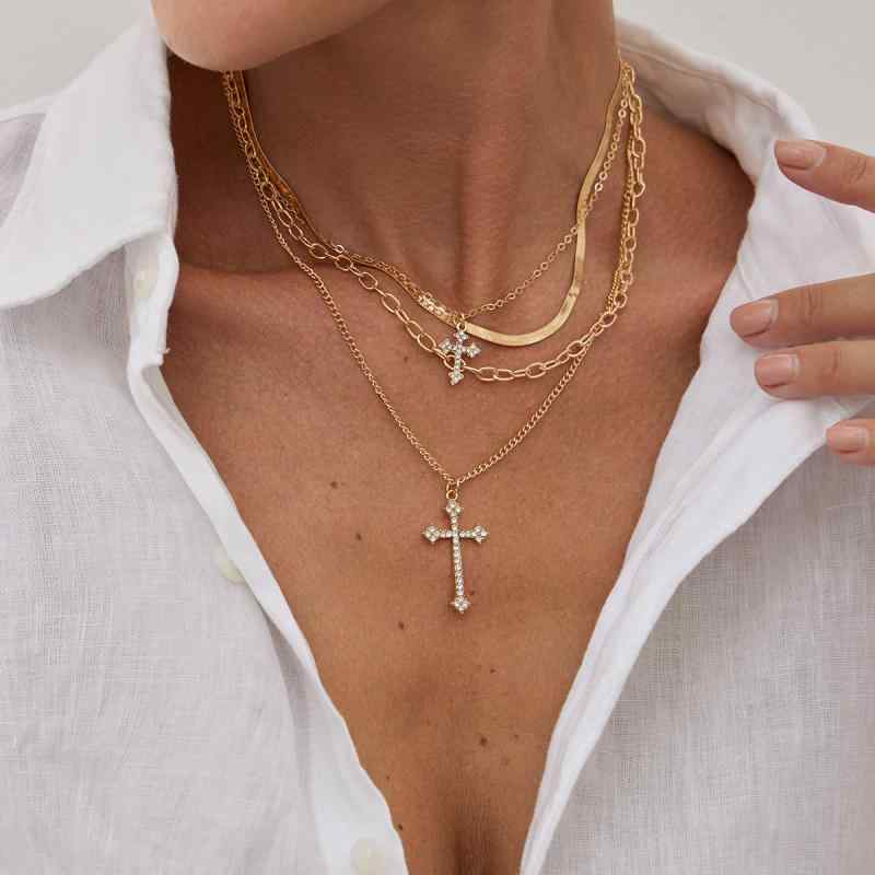 Other - ネックレス レディース 女性用 ヒップホップ ラインストーン 多層 十字架 ペンダント 鎖骨チェーン メタル感 スネークチェーン 電気メッキ加工 合金 ゴールド シルバー シンプル 通勤 カジュアル