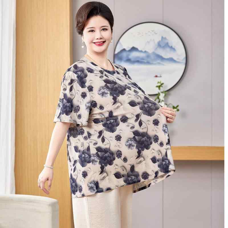 セットアップ レディース 中高年向け 薄手 ゆったり 体型カバー ストレッチ 半袖 プルオーバー ロングパンツ ツーピース 大きいサイズ 夏 花柄 おしゃれ ポリエステル 黒 赤