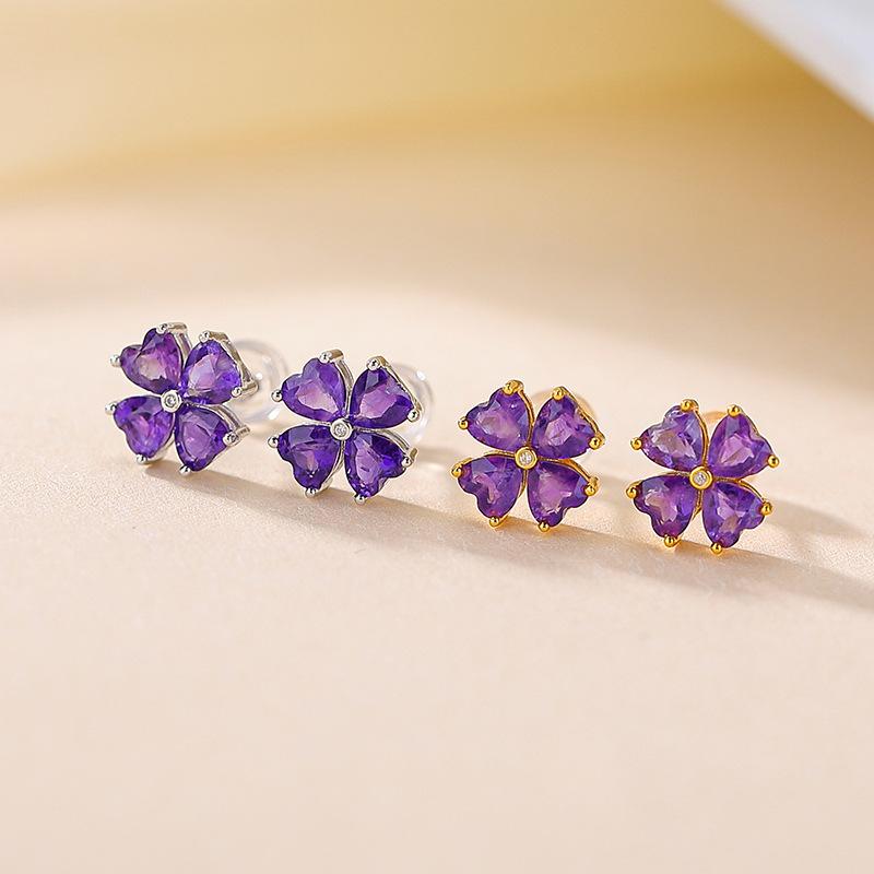 ピアス レディース S925純銀 天然紫水晶 アメジスト 四つ葉 クローバー ハート 花モチーフ 軽やか ラグジュアリー 上品 エレガント かわいい レトロ クラシック ギフト ゴールド シルバーカラー