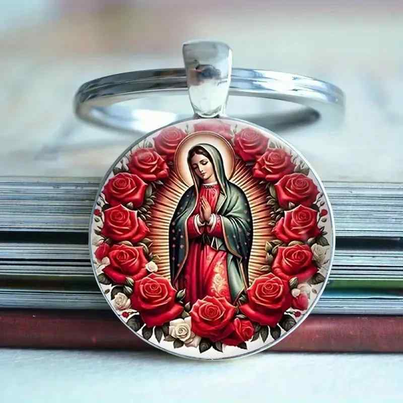 キーホルダー かわいい おしゃれ 円形 ガラス 亜鉛合金 赤い花畑 女性柄 シルバーカラー バッグチャーム ペンダントトップ アクセサリー(x2)