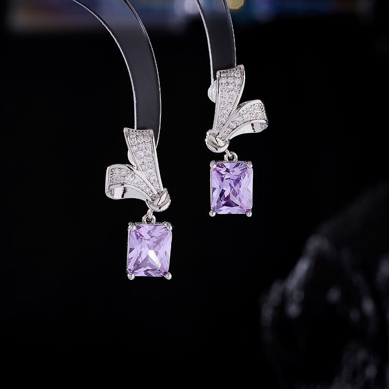 ピアス レディース S925シルバーポスト ジルコニア 大人上品 軽やか 幾何学 リボンデザイン おしゃれ 個性的 かわいい フェミニン 通勤 オフィス デイリー ピンク パープル ゴールド(4)