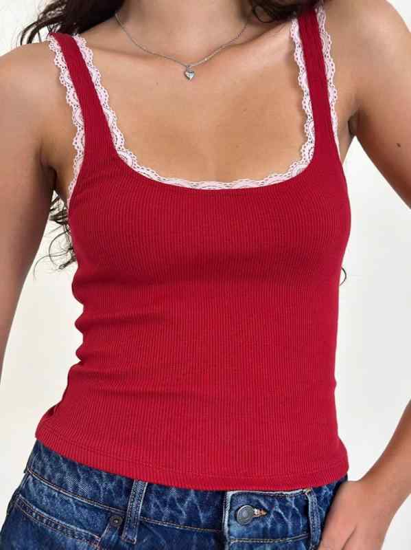 タンクトップ レディース 女性用 スポーツ 吸汗速乾 伸縮性 ノースリーブ 丸首 レース切り替え 無地 カジュアル ストリート フェミニン セクシー 赤 レッド トップス 春夏