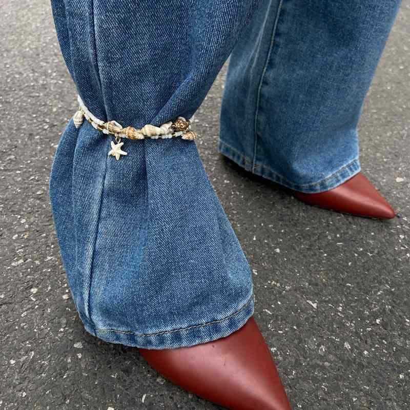 アンクレット レディース パンツチェーン バロック リゾート風 伸縮性 ビーズ フェイクパール ヒトデ 貝殻 スターモチーフ チャーム マルチカラー
