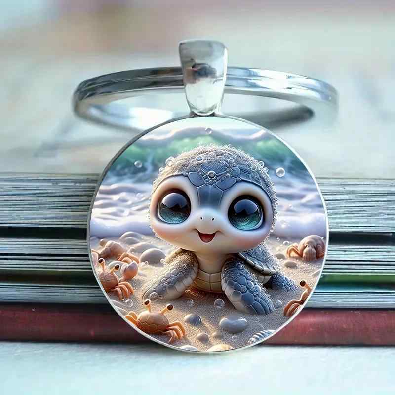 キーホルダー かわいい ウミガメ カニ ビーチ 海の生き物モチーフ デフォルメイラスト ガラスカボションペンダント 合金製チャーム 子供 友達へのプレゼント 雑貨 小物