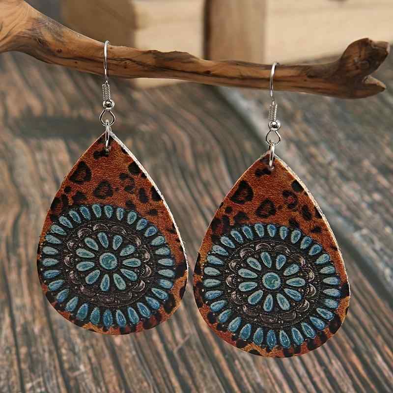 ピアス レディース 女性用 レトロ ドロップ型 ヒョウ柄 PUレザー プリント デザイン 個性的 カジュアル..