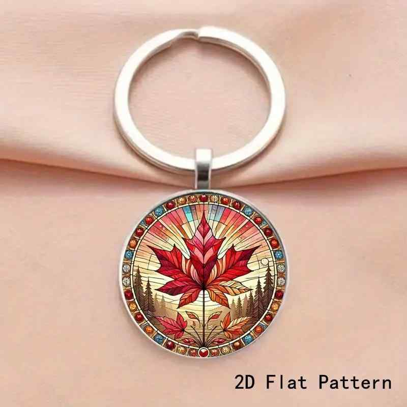 キーホルダー ガラス製 おしゃれ かわいい レッド シルバー 紅葉柄 メープルリーフ柄 円形 丸型 バッグチャーム キーリング アクセサリー 小物 雑貨