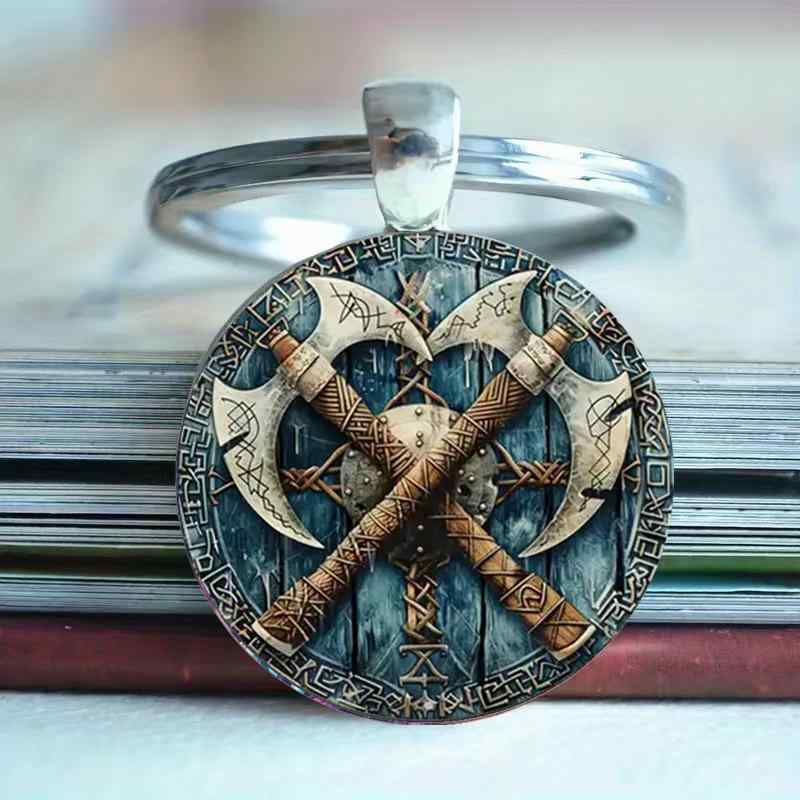 キーホルダー バイキング 北欧神話 戦斧 盾 モチーフ 円形 ガラス製 亜鉛合金製 チャーム シルバーカラー おしゃれ かっこいい プレゼント ギフト 誕生日 記念日 キーリング キーチャーム