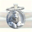 キーホルダー かわいい おしゃれ 精巧な彫刻 白いライオン柄 丸型 ガラスペンダント シルバーカラー バッグチャーム ギフト プレゼント ユニセックス ファッシ...