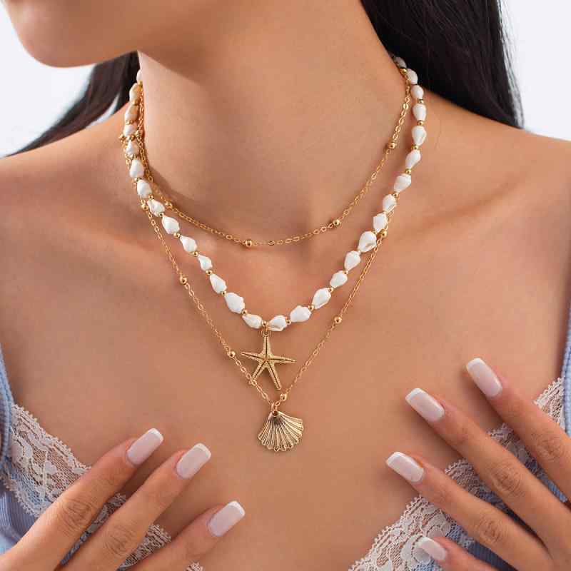ネックレス レディース 女性用 欧米風 リゾート風 シンプル 多層 電気メッキ加工 ヒトデ 貝殻 パール ビーズ ペンダント 鎖骨チェーン
