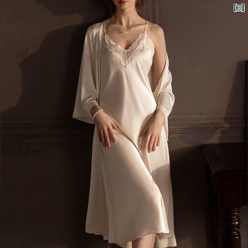 パジャマ レディース 春秋 セクシー レース 接触冷感 カップ付き キャミソールネグリジェ ローブ セット 部屋着 ルームウェア ミディ丈 ホワイト シャンパン ブラック ワインレッド