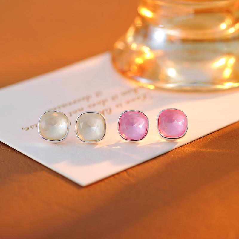 ピアス レディース 韓国風 クリスタル 太め スクエア 10mm S925 シルバーポスト ベーシック 上品 個性的 幾何学デザイン ピンク 銅合金 電気メッキ加工 デイリーユース オフィス カジュアル