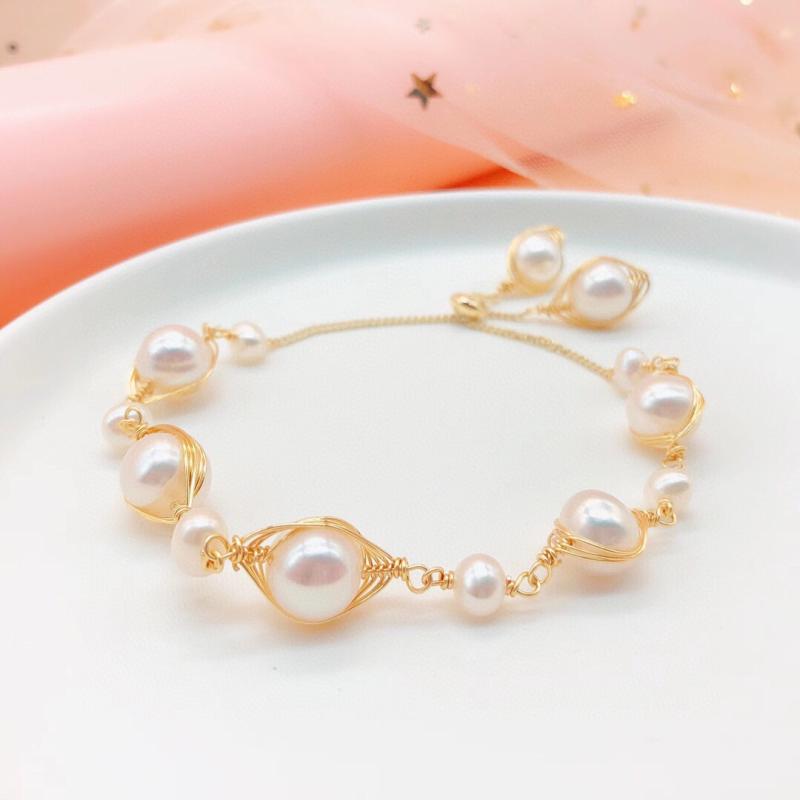 アクセサリーセット 淡水パール ハンドメイド ワイヤーアート シンプル カジュアル 清楚 フェミニン ナチュラル デイリーユース イヤリング ピアス ブレスレット ネックレス