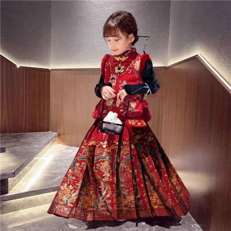 唐装 ベビー キッズ 女の子 子供服 幼児 秋冬 中国風 中華服 民族衣装 裏起毛 厚手 暖か ラビットファー混 刺繍デザイン お正月 お祝い 2点セット 馬面スカート