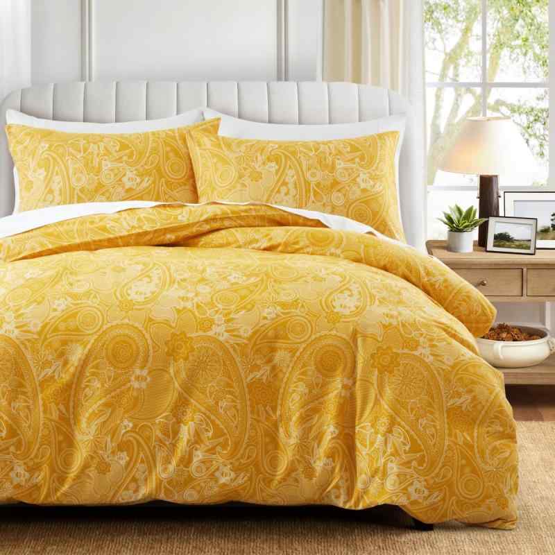布団カバー ポリエステル ピーチスキン加工 イエロー ペイズリー柄 花柄 寝具カバーセット 3点セット ..