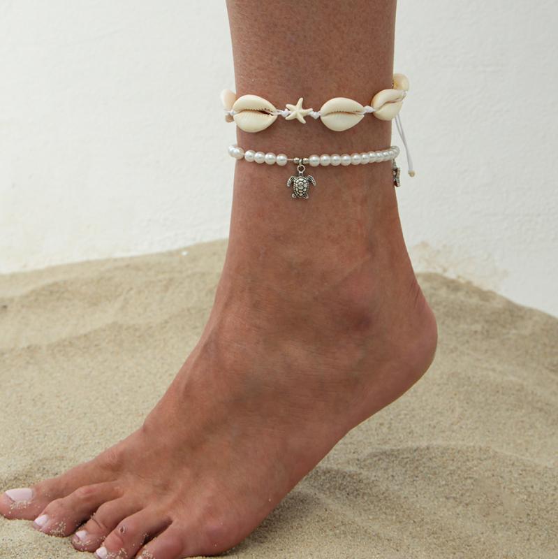 アンクレット レディース 女性用 シンプル リゾート フェイクパール シェル ヒトデ 合金製 ホワイト 調節可能 2点セット ペンダント チャーム