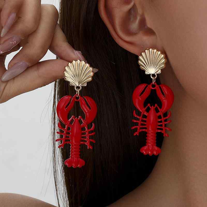 ピアス レディース 個性的な 海洋生物 ロブスター 海老モチーフ シェル 貝殻 赤 レッド エナメル塗装 ..