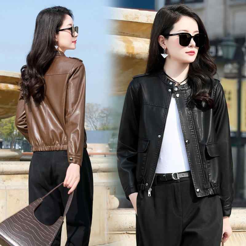 レザージャケット レディース 羊革 ラムレザー ショート丈 スタンドカラー 立ち襟 ゆったり ルーズフィット 切り替え ポケット付き フロントファスナー 通勤 オフィス きれいめ 上品 大人カジュアル 長袖 アウター 春秋 ブラック コーヒー 裏ボア