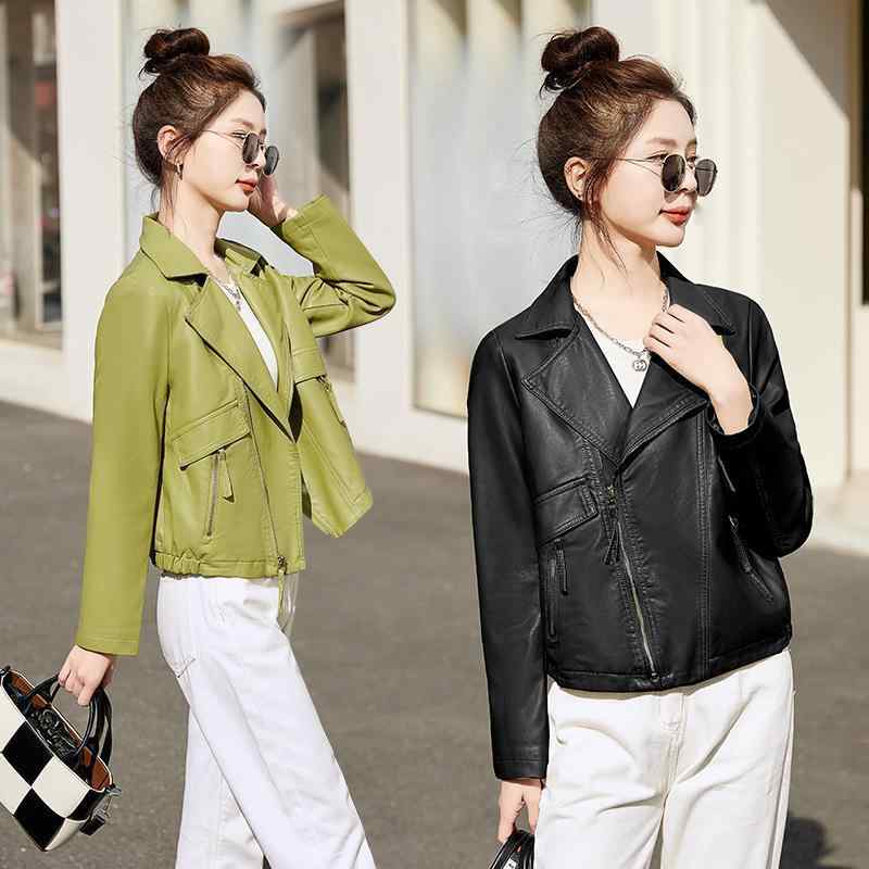 レザージャケット レディース 通勤 上品 羊革 ショート丈 テーラードカラー スリムフィット ファスナー開閉 ウォッシュ加工 シンプル ポケット付き 長袖 知的 エレガント 秋冬 アイボリー ブラック オータムグリーン