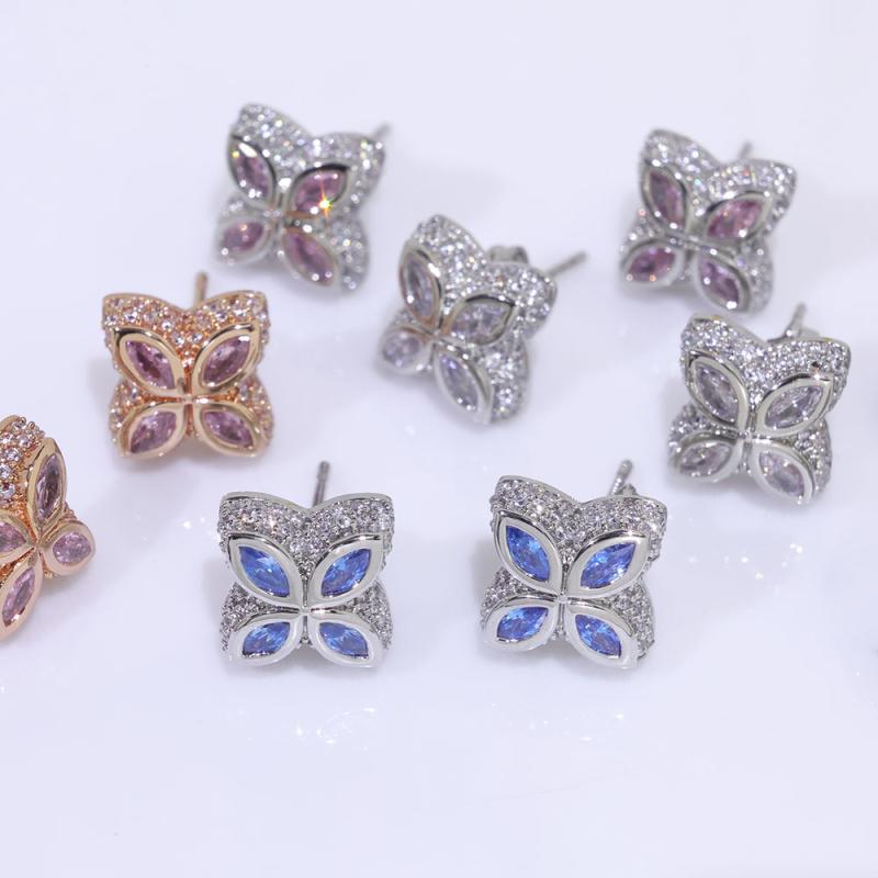 ピアス レディース 銅製 欧米風 ヒップホップ ストリート系 四つ葉のクローバー 花モチーフ シンプル 上品 フルパヴェ カラフル ジルコニア 金色 白金 デイリー カジュアル アクセサリー