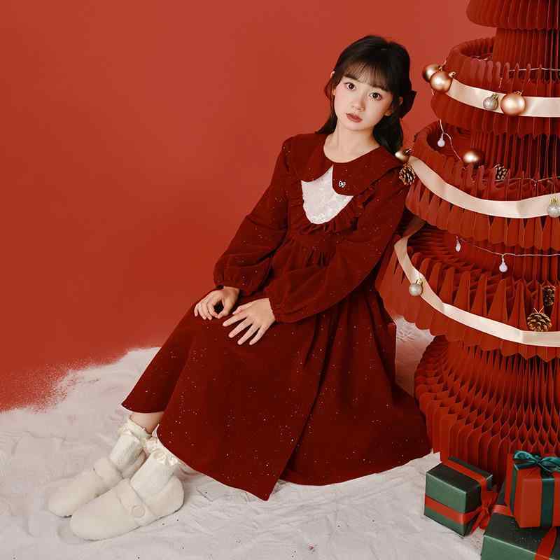 楽天セキュアデポワンピース ガールズ 保温 柔らかい レトロ かわいい プリンセスライン レッド ピーターパンカラー ウエストマーク Aラインシルエット 冬 クリスマス お出かけ ポリエステル