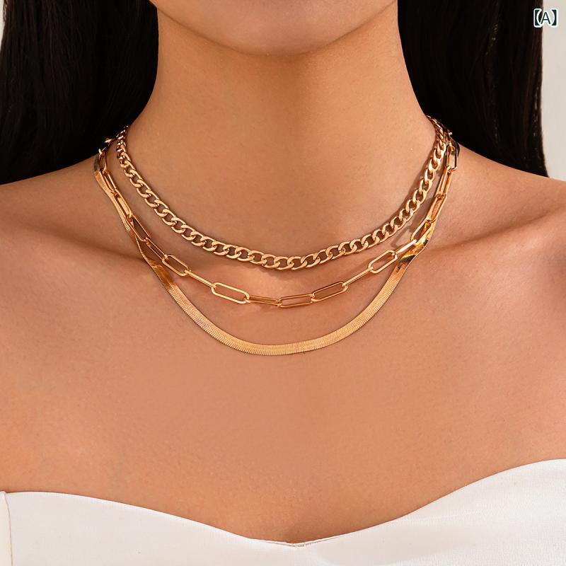セキュアデポのネックレス メンズ レディース ヒップホップ メタリック スネークチェーン キューバンチェーン 多層 シンプル 個性的 カジュアル ストリートファッション ゴールド シルバー 41cm 50cm｜アングル2