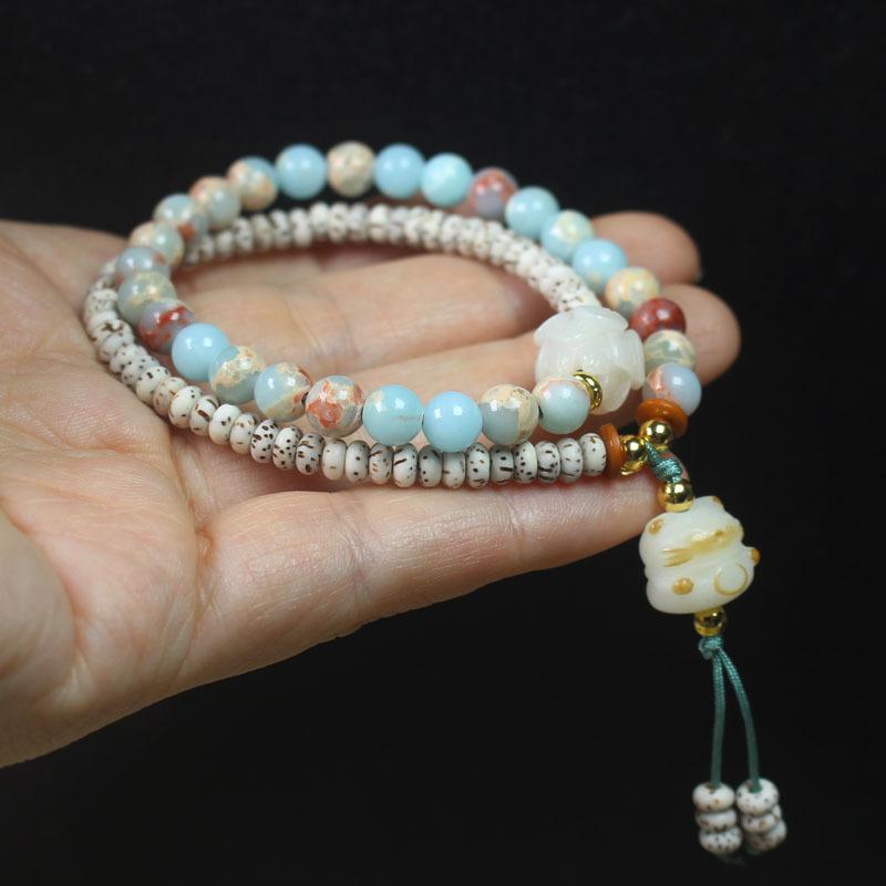 ブレスレット レディース 女性用 星月菩提ビーズ 寿山石 パワーストーン 二連 腕輪 民族風 中華風 ライ..