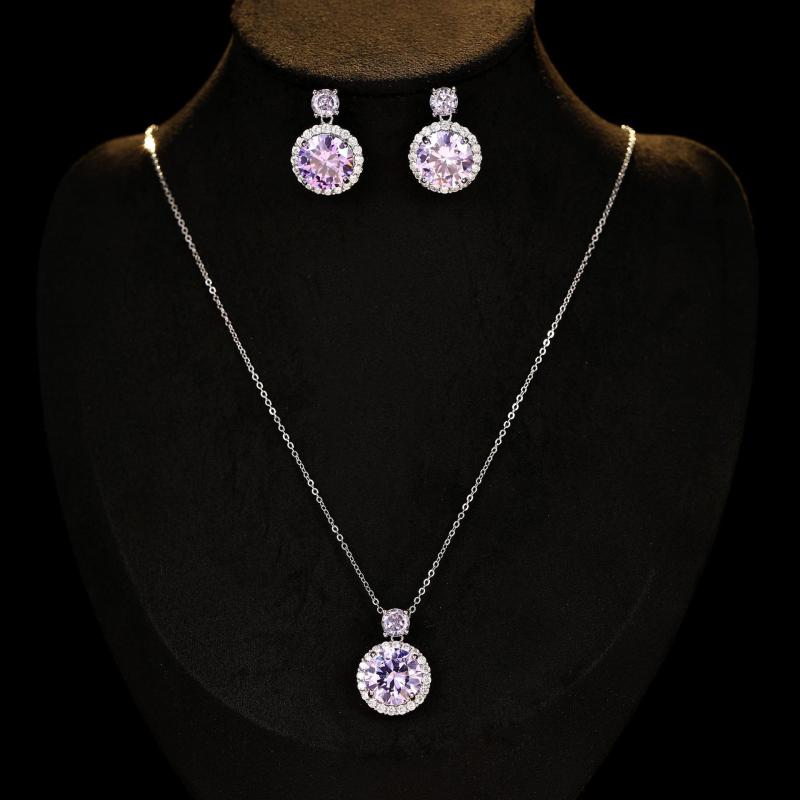 アクセサリーセット レディース 高級感 ジルコニア 円形デザイン ペンダント イヤリング ピアス ジュエリー 個性派 シンプル 上品 鎖骨チェーン 通勤 オフィス パープル グリーン