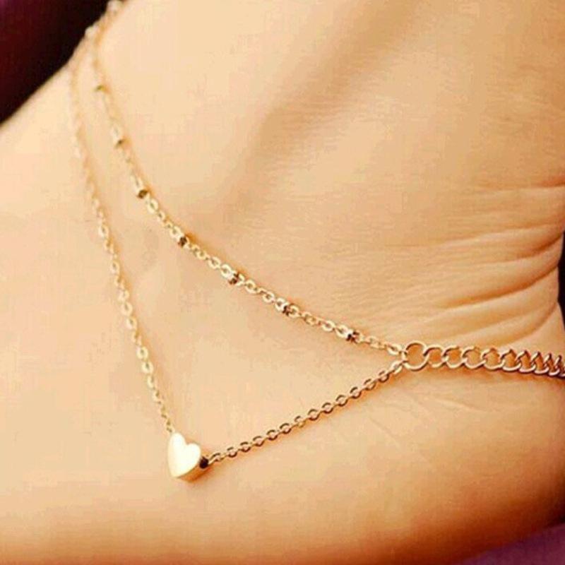 アンクレット レディース ダブルチェーン ハートモチーフ シルバーカラー 合金製 韓国風 おしゃれ ファッション ビーチ リゾート 旅行用 カジュアルアクセサリ...