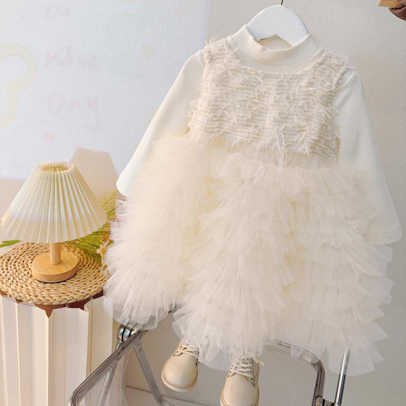 ワンピース 女の子 キッズ ベビー 長袖 フリル コットン100% プリンセスドレス おしゃれ かわいい 韓国子供服 秋物 誕生日 セレモニー 結婚式 発表会 フォーマル お呼ばれ 白 1歳 2歳 3歳 礼服