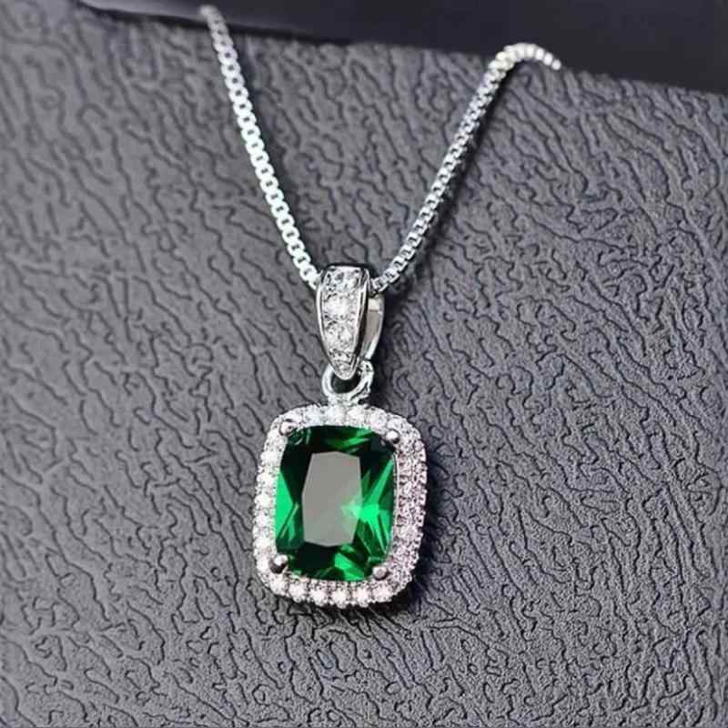 ネックレス レディース エメラルド ジルコニア スクエア ペンダント 高級感 エレガント ライトラグジュアリー オフィス 通勤 カジュアルスタイル アクセサリー シルバー 銅製(4)