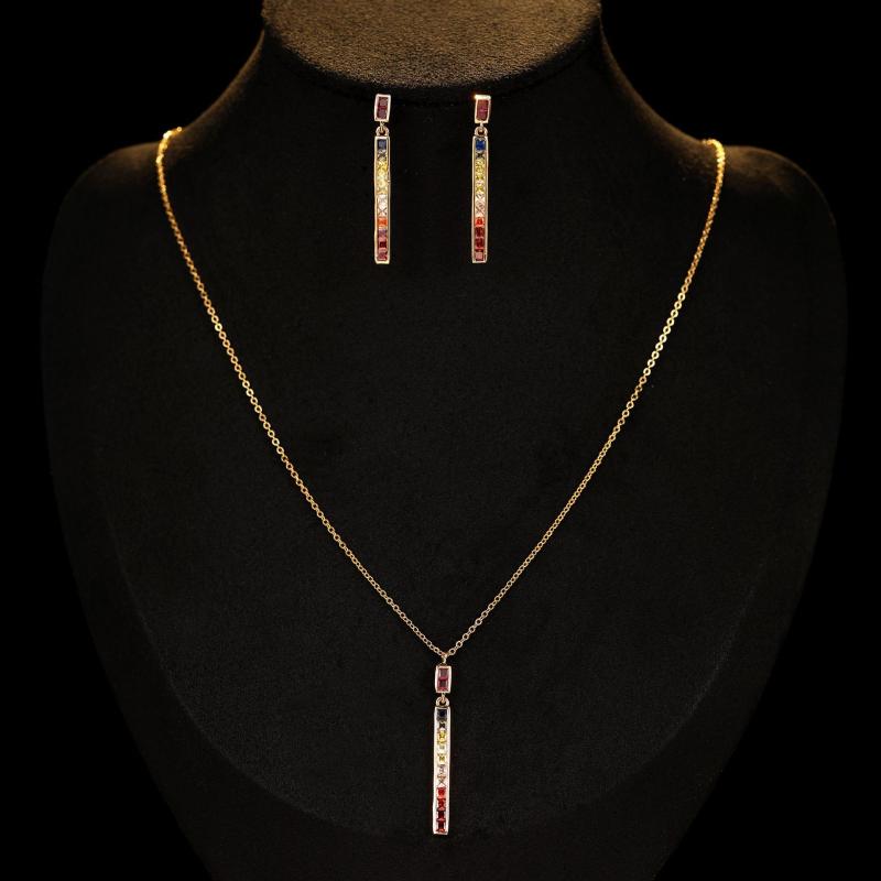 ネックレス イヤリング セット レディース 女性用 韓国風 レインボー ジルコニア Oチェーン 上品 エレガント 個性的 デザイン 通勤 オフィス カジュアル オールシーズン ゴールド シルバー 銅製 アクセサリー