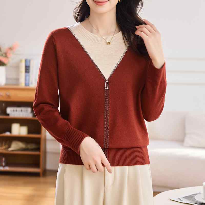 ニット レディース ミセス 春秋 長袖 クルーネック 丸首 トップス セーター 配色切り替え ゆったり 大..