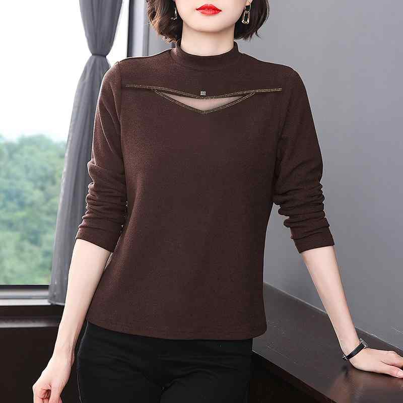 Tシャツ レディース 秋冬 半ハイネック 無地 シアーメッシュ 透かし ラインストーン 上品 長袖 スリムフィット きれいめ オフィス 通勤 若見え 着痩せ効果 ポリエステル ストレッチ ブラウン