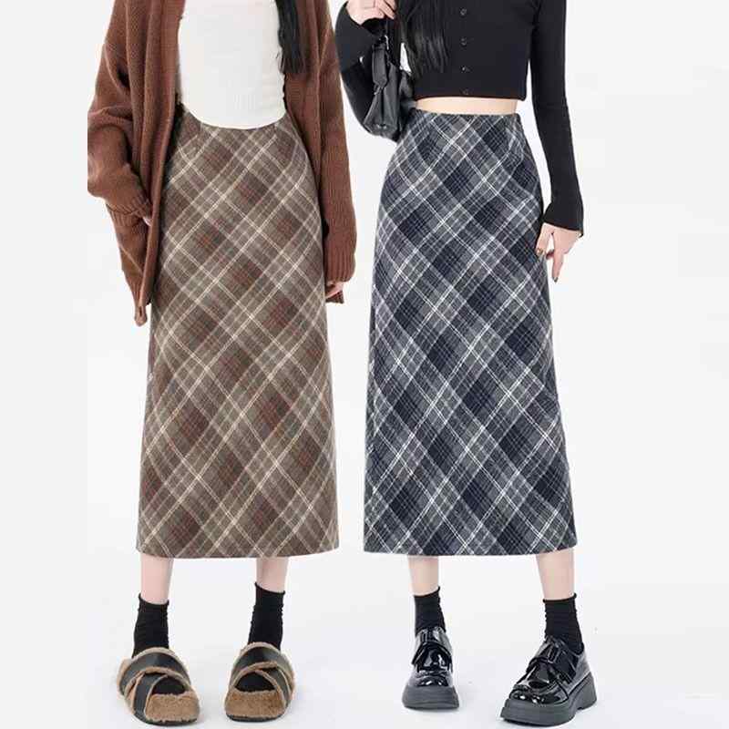 スカート レディース ツイード調 チェック柄 Aライン ミディ丈 ハイウエスト スリット 細見え レトロ 春秋 配色切り替えデザイン ストレッチ 大人可愛い