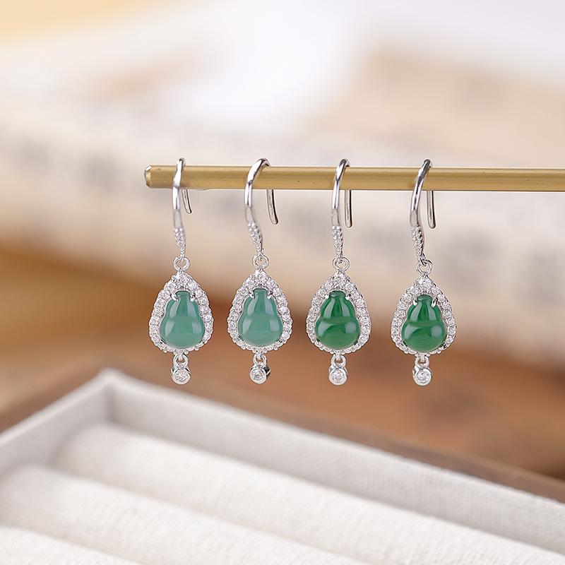 ピアス レディース S925純銀 青翡翠 緑翡翠 縁起物 ひょうたんモチーフ シンプル 幾何学デザイン 新チ..