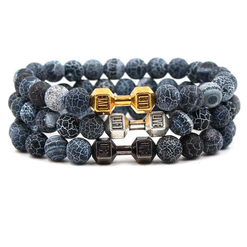 数珠 メンズ 黒瑪瑙 天然石 パワーストーン ダンベル型 シルバー 伸縮性 ゴムブレスレット レトロ ヴィンテージ ハンドメイド 男性用 アクセサリー ファッション