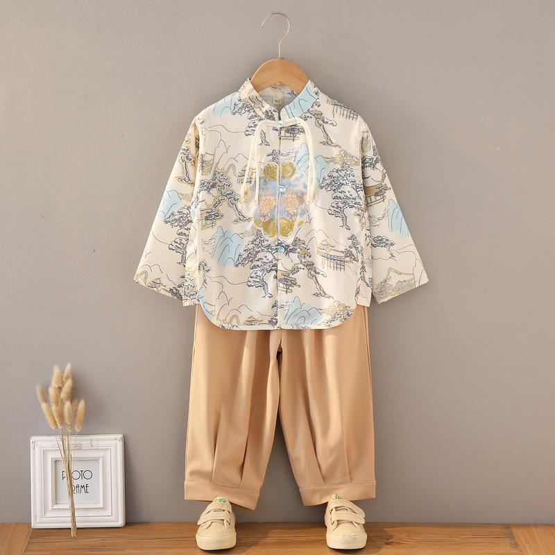 漢服 キッズ 男の子 長袖 新中式 セットアップ 山水画 上品な唐装 フォーマルウェア 上下セット お祝い..