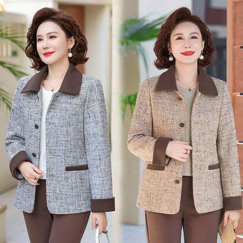 ジャケット レディース ミセス 体型カバー 細見え 春秋 長袖 襟付き Aライン ポリエステル シングルボタン 中厚手 ミドル丈 上品 カジュアル 着回し 万能
